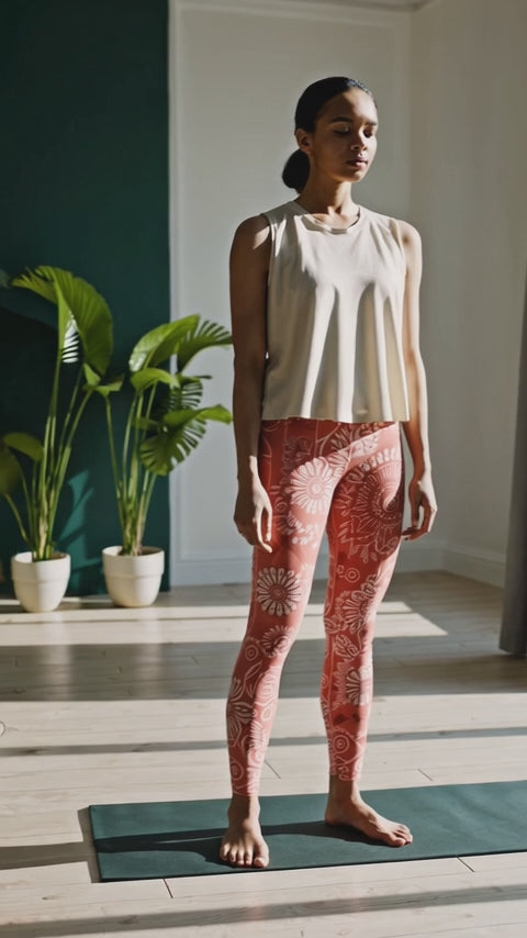 Coral Floral Mandala Design Leggings for Women, Yoga Pants, Workout Activewear, Daily Wear